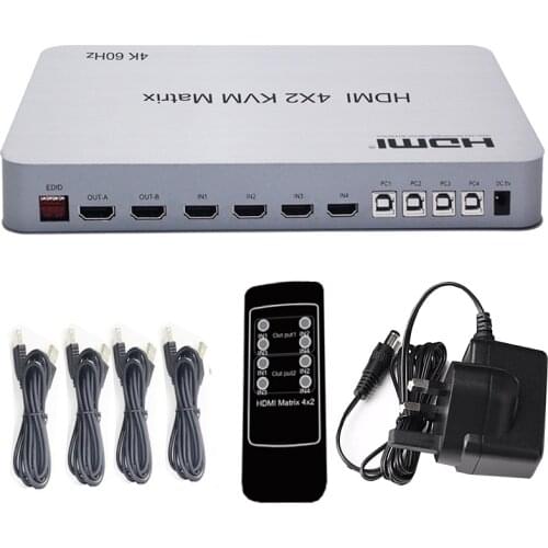 4X2 HDMI KVM Matrix Switch Splitter 4 input 2 output Dual Display 4K 60Hz Can USB 2.0 Wired Keyboard Mouse Control 4 Computers
