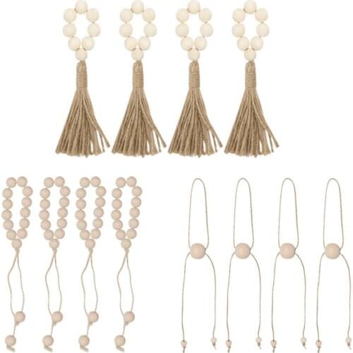 4pcs Wood Bead Garland With Jute Tassels Handmade Prayer Beads Rustic Country Style Wall Hanging Decor