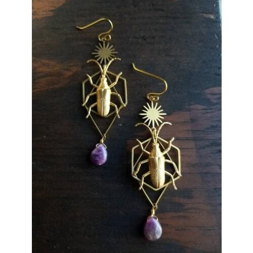 Amethyst // Boho // Beetle Earrings // Dangle // Insect Earrings // Witchy Earrings // Celestial