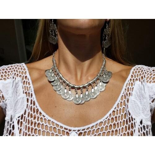 Boho Ethnic color Metal Gypsy Necklace Coachella Beach Choker Bib Coin Statement Necklace For Women Turkish Festival Jewelry