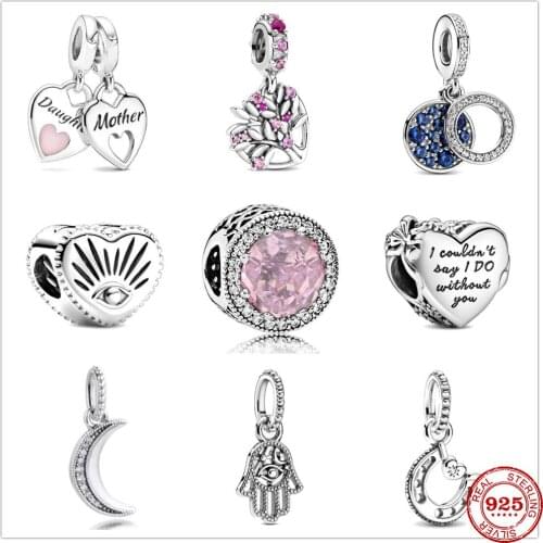 New Pink Heart Family Tree Disc Double pendant Bead fit original Pandora charms silver 925 Bracelet for women fashion jewelry