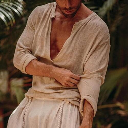 Men T-shirt 2021 Solid Color Distressed Design Streetwear Retro Long Sleeve Men Top for Stage Show