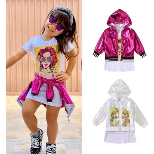 Cartoon Character Print Baby Girl Short Sleeve T-shirt Dress + Sun Protection Hooded Jacket Children 2pcs Set Outfits