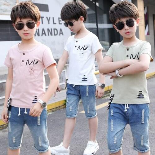 Boys Clothes Set Short Sleeve T-Shirt + Jeans Shorts Summer Kids Boy Sports Suit Children Clothing Outfits Teen 6 8 12 13 Years