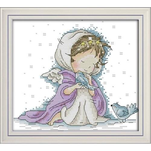 Angel with two birds cross stitch kit aida 14ct 11ct count print canvas stitches embroidery DIY handmade
