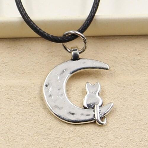 New Durable Black Faux Leather Moon Cat Cord Choker Charm DIY Necklace Pendant Retro Boho Tibetan Silver Color