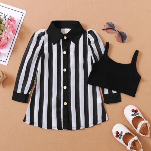 Baby Girl Long Sleeve Dress And Camisole Suit Fashion Striped Lapel Shirt Dress With Cropped Vest