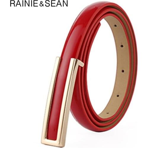 RAINIE SEAN Patent Leather Women Belt Thin Ladies Waist for Trousers Real Leather Red Blue Black White Pink Female Strap 102cm
