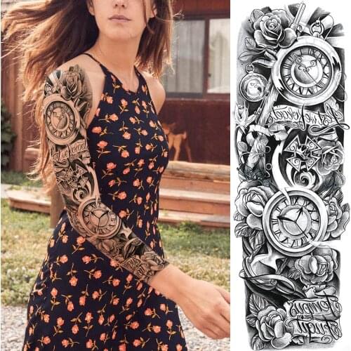Full Arm Sleeve Temporary Tattoos For Men Women Adult Body Art Tatoo Realistic Compass Flower Washable Fake Tattoo Stickers Sexy
