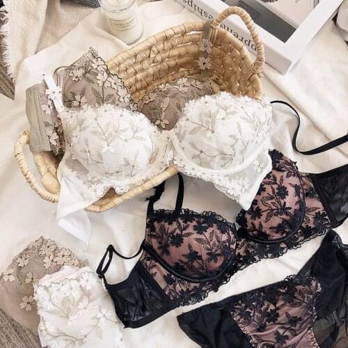 Thin bras with pad and panties transparent cotton bra sexy bra set female perspective mesh embroidery underwear sets summer
