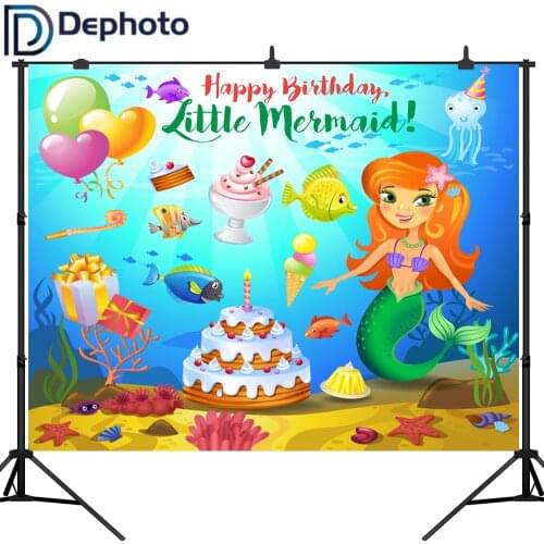 Dephoto Vinyl Photography Background Birthday Party Cartoon Characters Little Mermaid Children Backdrops for Photo Studio