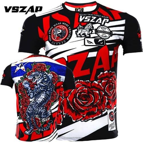 VSZAP MMA Rose Tiger Print Rash Guard Rashguard MMA Gi Boxing Jersey Thai Shirt Jiu Jitsu Men Breathable Grappling Tshirt & Tank