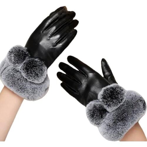 High Quality Female Thermal Genuine Leather Black Gloves Winter Warm Women Rabbit Fur Sheepskin Gloves