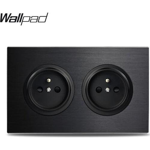 Wallpad L6 Black Double EU French Wall Electrical Power Socket Satin Aluminum Frame 3x6 Plate, 146 * 86 mm