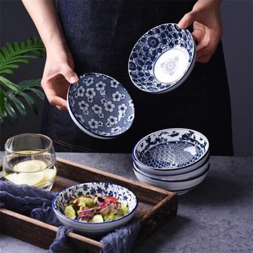 Japanese Ceramic Hand Painted Salad Rice Bowls Retro Blue and White Porcelain Household Restaurant Soup Noodle Kitchen Tableware