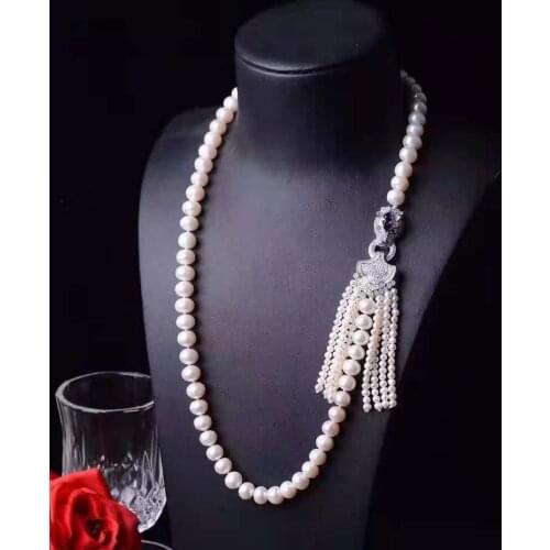Fashion jewelry micro inlaid zircon leopard head accessories 8-9mm white freshwater pearl tassel pendant necklace 65cm long