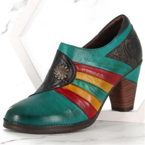 Retro Women Botas mujer Flower Genuine Leather Simple ZIP 6-8CM Thick High Heel Ankle Boots Shoes Metal decoration women shoes