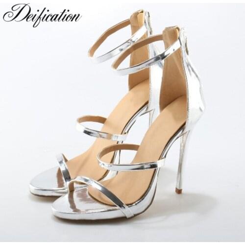 Deification Silver Ladies Designer Shoes Women Fashion Back Zipper High Heels Sexy Super High Three Belts Handmade Sandals Women
