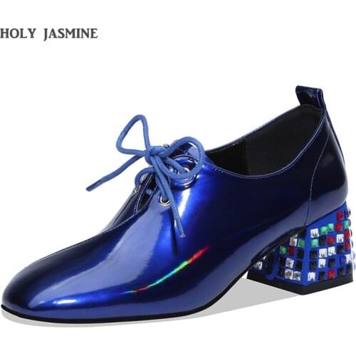 Fashion women soft patent leather shining oxford casual shoes office commuter colored rhinestone thick heel chic Womens shoes