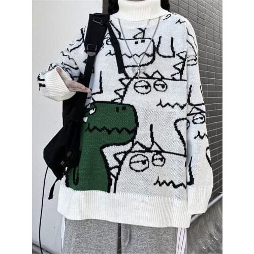Dinosaur Tops Oversize Women Couple High Street Knitting Sweater Tops Autumn Pullover Loose Harajuku Turtleneck Teens Sweater
