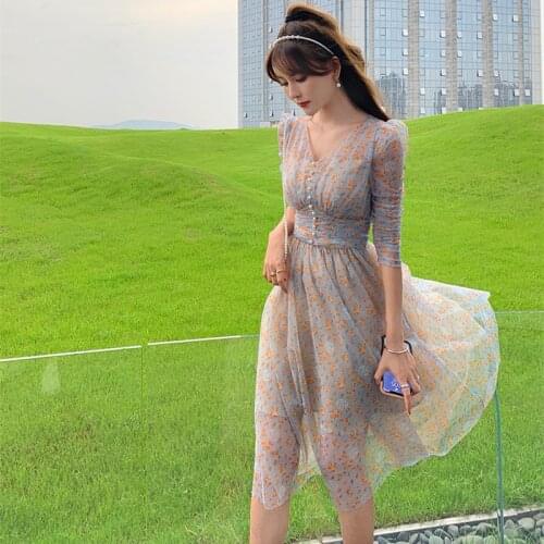 2021 Spring V Neck Three-quarter Sleeve Ladies Vacation Sexy Party Dress High End Women Dress Mesh Print A Line Dress Vestido