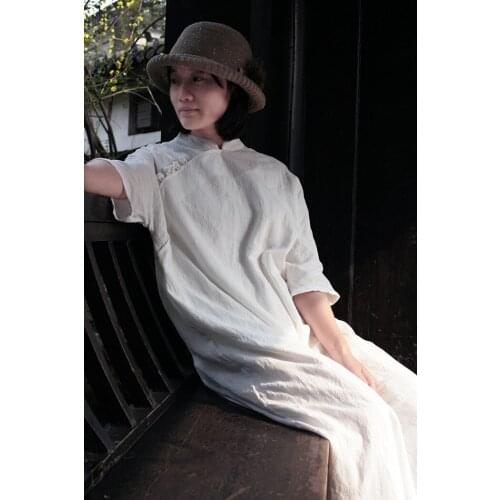 Summer original Chinese retro style mandarin collar Vintage loosen cotton and linen jacquard Cheongsam dress for women