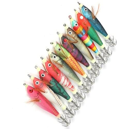 10Pcs Squid Jig Hook Wooden Shrimp Artificial Octopus Cuttlefish Shrimp Hard Lures Fishing
