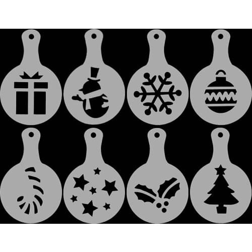8pcs Christmas Coffee Stencils Cake Cupacke Template Coffeeware Milk Cappuccino Decor Mold Home Kitchen Dinning Bar Accessories