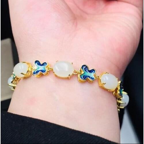 925 Sterling Silver HeTian White Jade Butterfly Gold Chain Decoration Lucky Bracelet For Women Fine Jewelry