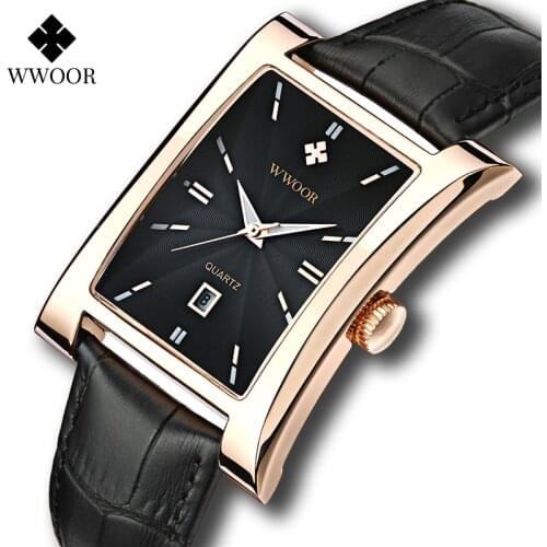 WWOOR Watch Men Top Brand Luxury Gold Black Square Watches For Men Leather Waterproof Date Clock Business Quartz Wrist Watch Box