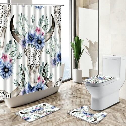 Cow Skull Plant Flower Shower Curtain Exotic Elephant Peacocks Feather Wild Animal Non-Slip Rug Toilet Cover Bathroom Deco Set