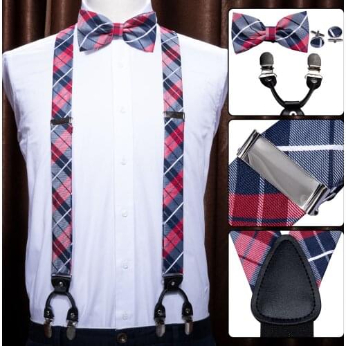 Purple For Men Suspenders Shirt Red Plaid Bow Tie Hanky Set Woven Y-Back Silk Suspender No-slip Silver Clips Barry.WangBB-2004