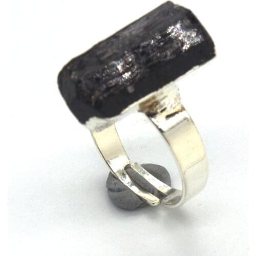 KFT Silver Plated Resizable Irregular Shape Natural Black Tourmaline Crystal Quartz Stone Finger Ring For Party Wedding Jewelry