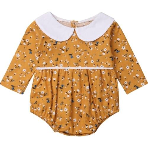 Newborn Infant Baby Girl Rompers Vintage Peter Pan Collar Long Sleeve Baby Girls Romper Jumpsuit Flower Baby Clothing