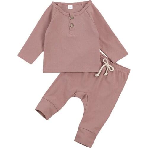 2 PCS Baby’s Warm Clothing Set, New Born Boy Girl Solid Color Long Sleeve Button Top, Long Pants with Drawstring Suit