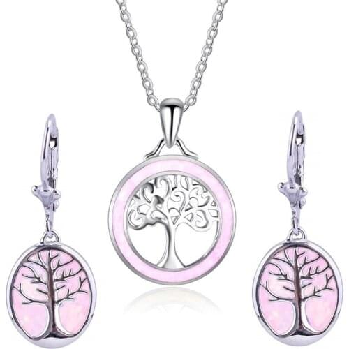 Fashion Jewelry Set Cute Tree Design Blue Imitation Fire Opal Women Pendant Necklace With Earrings Vintage Statement Girl Gift