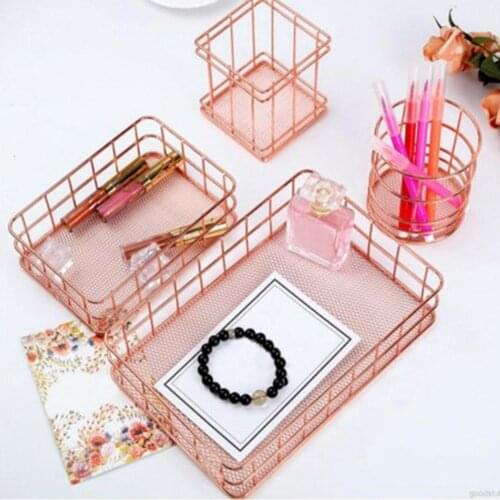 Rose Gold Metal Wire Storage Basket Cosmetic Organizer Holder Bathroom Shelf Home Office Desk Toiletry Collection