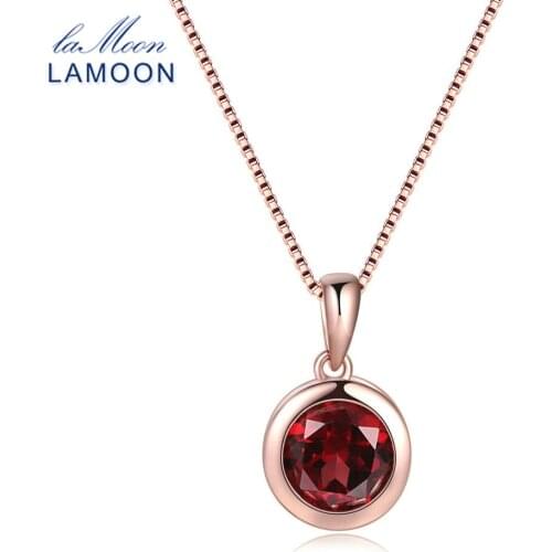 LAMOON 7mm Natural Round Red Garnet 925 Sterling Silver Chain Pendant Necklace Rose Gold Color Fine Jewelry for Women LMNI064