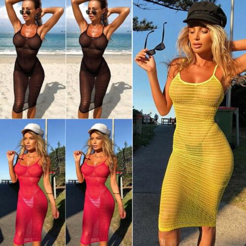 Hot 2020 Womens Bikini Long Cover Up Beach Dress Cardigan Mesh Summer Beach Transparent Dress Solid Color HOT SALE