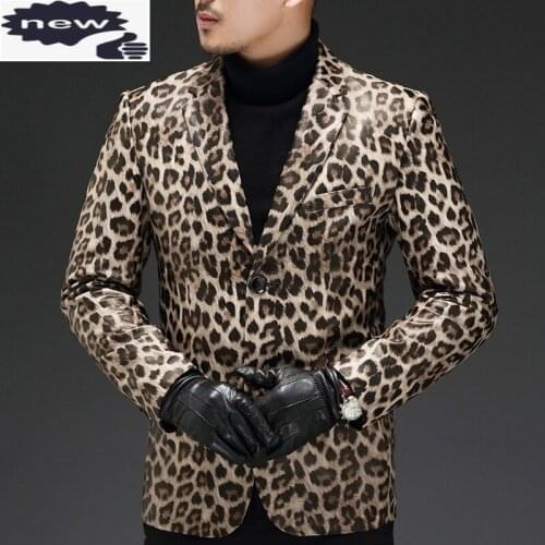 Top Brand Fashion Leopard Mens Genuine Leather Punk Style Plus Size Male Long Sleeve Single Breasted Slim Fit Blazers