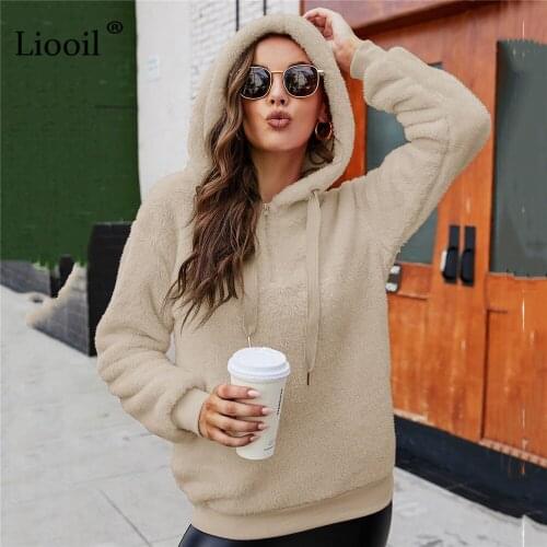 Liooil Baggy Fleece Hoodies with Pocket Drawstring Zipper For Women Casual Autumn Winter 2021 Loose Tops Streetwear Black Hoodie