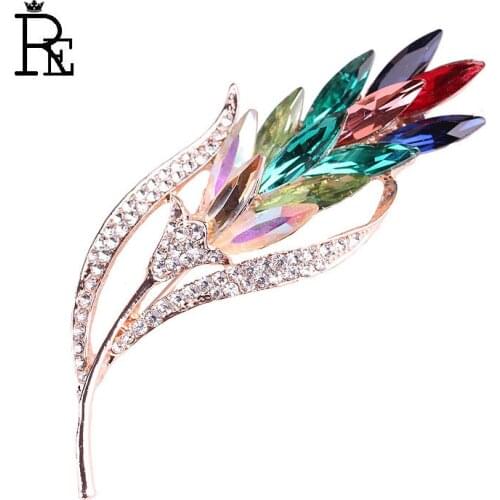RE Multi-color Crystal Wheat Brooches for Women Rhinestone Brooch Pin Fashion Jewelry Coat Dress Corsage Flower Style O0635