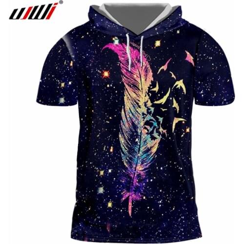 UJWI Summer Tops Galaxy Space Tshirt With Hood Men Funny Print Flying Feather Casual T-shirts Homme Short Sleeve Hoody Pullovers