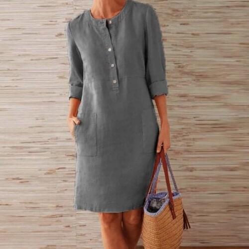 Autumn Solid Color Dress Lady Pregnancy Pocket Long Sleeve Knee Banquet Dress Cotton Maternity Dress S-5XL
