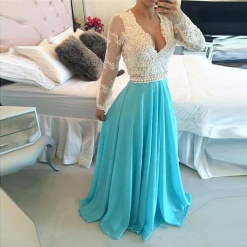Arabian Design Vestidos De Formature V-neck Blue Pearls Lace Evening Dresses Floor Length Chiffon A-line Prom Dresses (1)