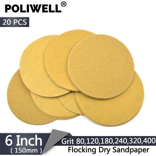 POLIWELL 20PCS 6 Inch 150mm Dry Sanding Discs Flocking Sandpaper 80-400 Grit for Hook and Loop Sanding Pad Wood Metal Polishing
