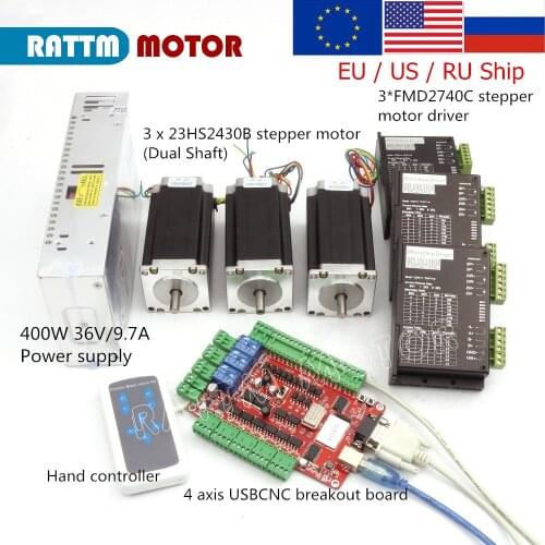 3 Axis CNC USB Nema 23 Stepper Motor Kit (Dual Shaft) 112mm & FMD2740C Motor Driver & 400W 36V power supply & USB CNC Board