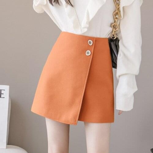 Orange Irregular Woolen Skirt Womens Autumn Winter New High Waist Fashion Short Skirt Women Sweet Black A-line Skirt Femme
