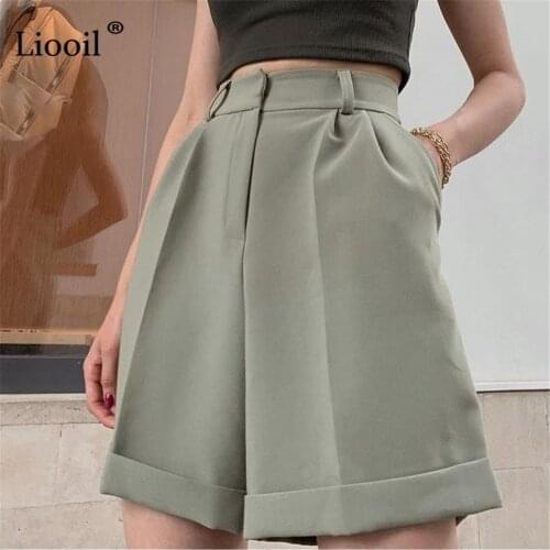Liooil Casual Straight Leg White Suit Shorts Women Mid Waist With Pockets Zipper Button Summer Loose Curly Shorts Pants 2021