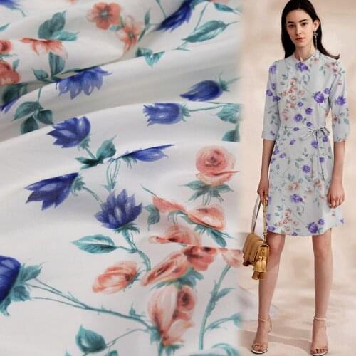 Blue and red floral print flower design silk and cotton blended fabric good quality,SCT686
